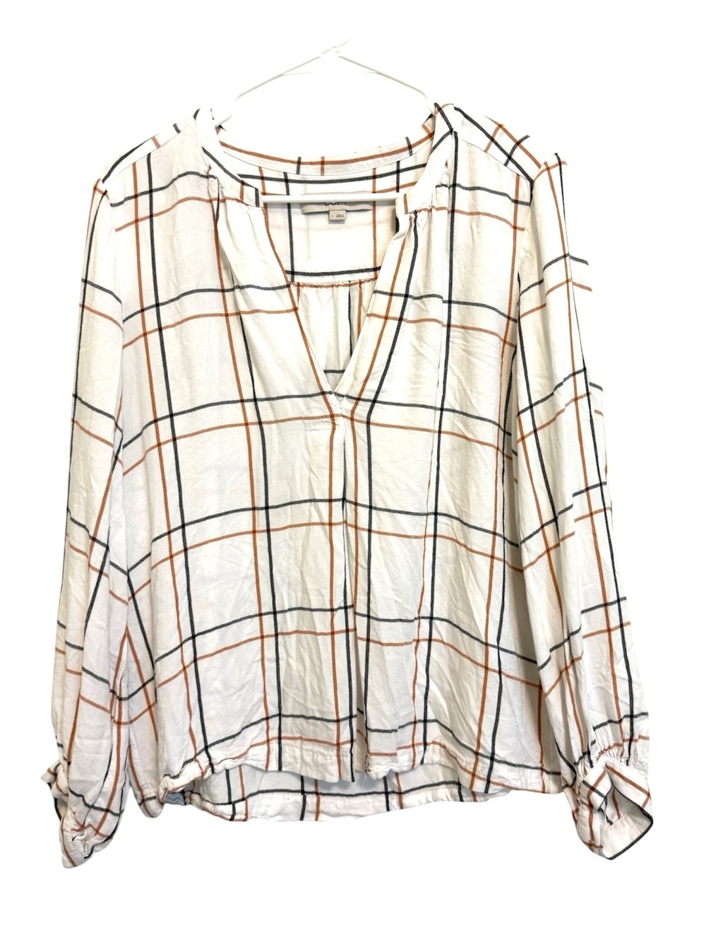 2/$30 LOFT Windowpane Plaid Split Neck Blouse Size Large Ivory Rust Black